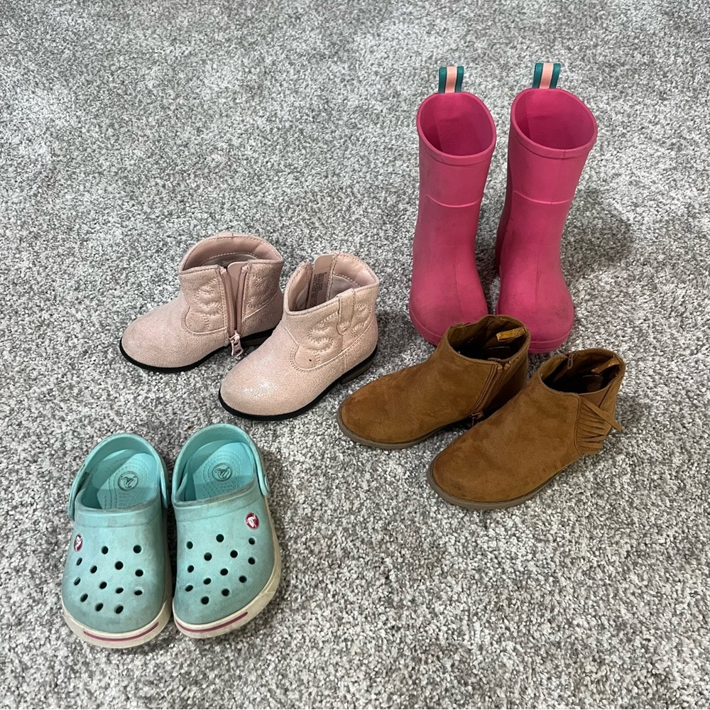 Toddler girls shoe bundle 6-7 crocs, totes rain boots, booties, cowgirl boots